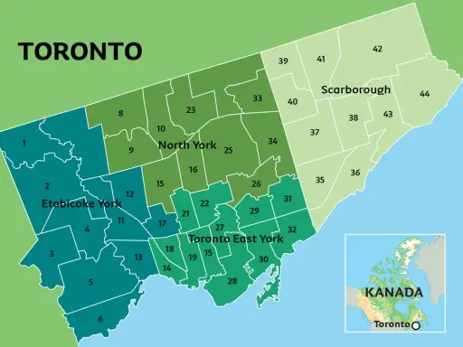 Kolorowa mapa Toronto podzielona na dzielnice, z zaznaczonymi obszarami Etobicoke York, North York, Scarborough i Toronto East York. W rogu mapa Kanady z zaznaczonym Toronto.
