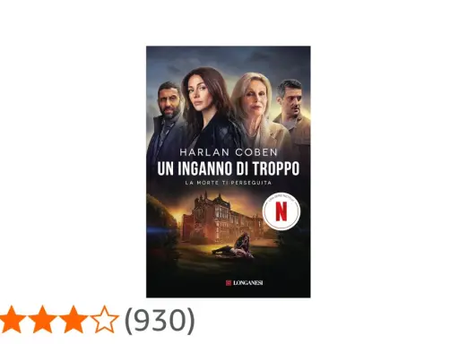 Copertina del libro "Un inganno di troppo" di Harlan Coben, con quattro volti misteriosi e un castello. La morte ti perseguita, ma forse è solo un inganno di troppo.