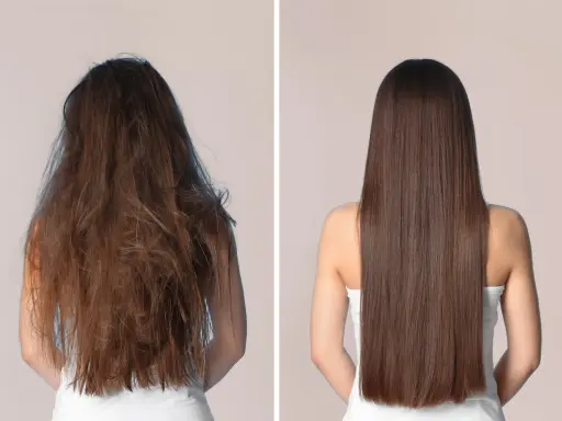 Prima e dopo: capelli disidratati e spenti trasformati in una chioma lucente e sana.