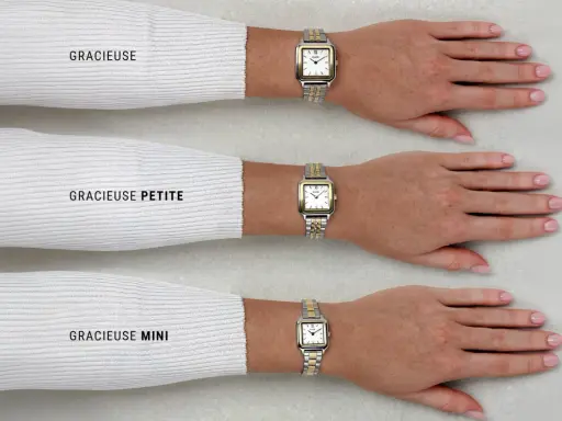 Tre orologi da polso con quadrante bianco e lunetta in oro e argento, indossati da tre braccia.