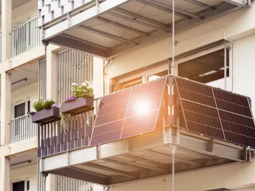 Balkonkraftwerk mit Speicher anmelden: Solarmodule auf einem Balkon, daneben Blumenkästen.