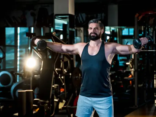 Mann mit Bart trainiert im Fitnessstudio, macht seitheben sitzend mit Hanteln.