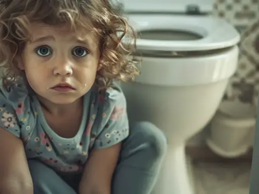 Smutne dziecko z mokrym policzkiem siedzi obok toalety, przeżywając jednorazowe wymiotowanie.