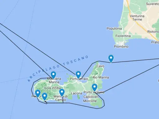 Karte zeigt eine Segelroute im toskanischen Archipel, mit Stationen auf Elba und Capraia.