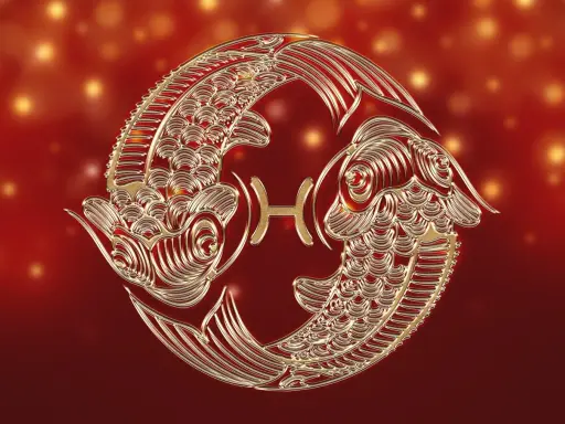 Złote ryby, symbol zodiaku, unoszą się w tle pełnym ciepłych, migoczących świateł. To znak, który często kojarzony jest z intuicją i marzeniami, a dla niektórych może symbolizować szczęśliwe liczby.