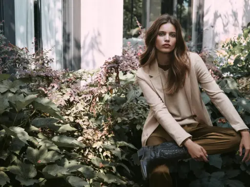 Donna elegante con blazer beige e stivali texani, un'ispirazione su come vestirsi a 45 anni con stile e audacia.