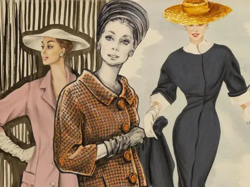 Tre eleganti donne della moda italiana sfoggiano abiti chic: un tailleur rosa, un cappotto arancione pied-de-poule e un vestito blu scuro con cappello di paglia.