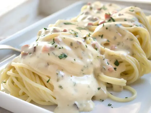 Cremige Spaghetti Carbonara mit Sahne, Speckwürfeln und Petersilie auf einem weißen Teller.