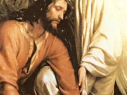 Jezus klęczy w Ogrójcu, pogrążony w modlitwie. Obok niego anioł podtrzymuje go, dodając sił.