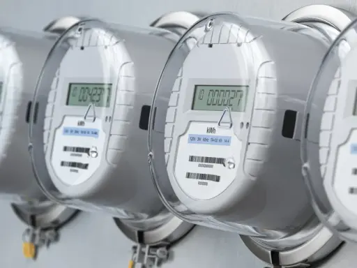Rząd nowoczesnych liczników dwukierunkowych z cyfrowymi wyświetlaczami, gotowych do monitorowania zużycia energii.