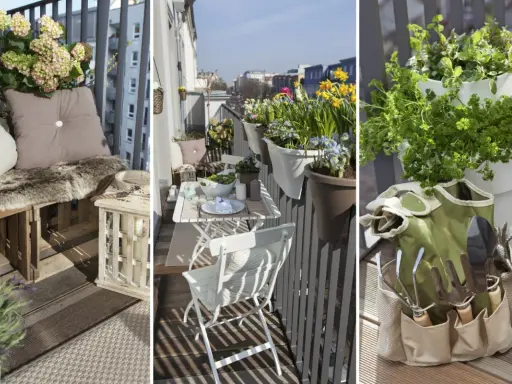 Idee per arredare un balcone stretto e lungo: seduta in pallet, tavolino pieghevole, fiori e attrezzi da giardinaggio.