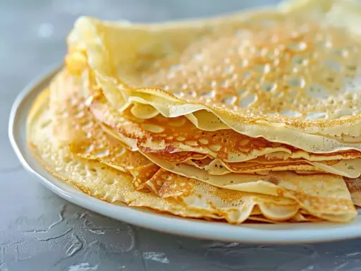 En hög med gyllene, tunna pannkakor på en vit tallrik. Perfekt för ett enkelt pankakor recept.