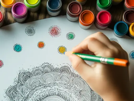Mano che colora con una matita un disegno di mandala. Piccoli cerchi colorati e vasetti di pittura sullo sfondo.