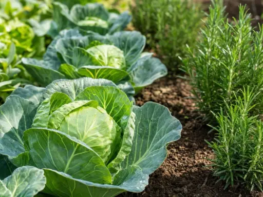 Légumes verts frais, choux et romarin dans un potager ensoleillé. L'arôme du romarin embaume le jardin.