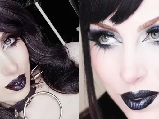Mujer con maquillaje gótico: ojos dramáticos con sombras moradas y delineado, labios oscuros y pelo negro.