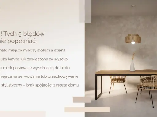 Minimalne **miejsca na stół z krzesłami** w jadalni. Unikaj błędów: za mało przestrzeni, zła lampa, niedopasowane krzesła, brak miejsca na serwowanie, chaos stylistyczny.