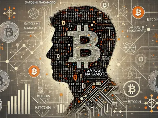 Sylwetka głowy wypełniona kodem binarnym i symbolem Bitcoina, z napisem "Satoshi Nakamoto" i monetami Bitcoin.