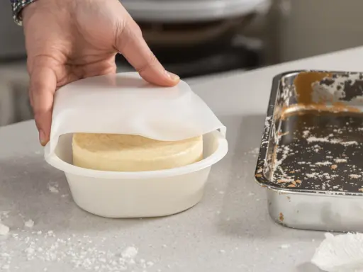 Hand hält eine weiße Silikonform mit einem Kuchen darin. Daneben eine schmutzige Metallform. Silikonbackform Nachteile: Reinigung kann schwierig sein.