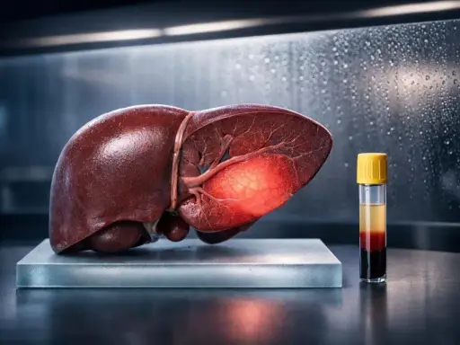 Fegato umano con un'area luminosa e una provetta di sangue. L'immagine evoca il concetto di esacerbazione, significato di peggioramento di una condizione.