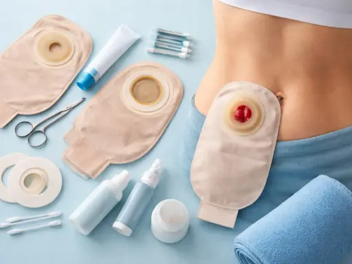 Zestaw do pielęgnacji stomii: worek, przylepce, nożyczki, kremy i spraye. Urostomia co to? To stomia moczowa.