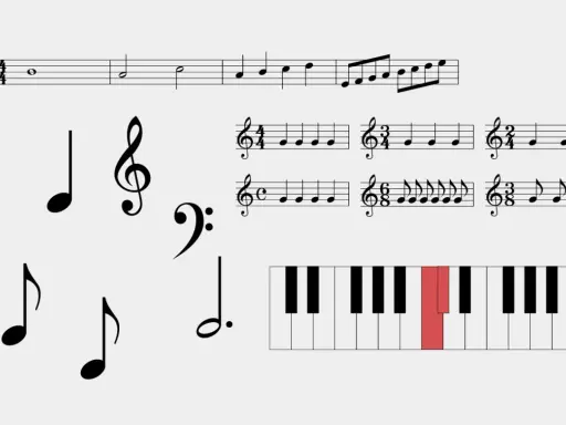 Diverses notes de musique, portées et un clavier de piano avec une touche rouge.