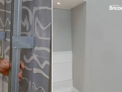 Instalación de perfiles metálicos para colgar en pladur. La pared ya está lista para recibir el revestimiento.