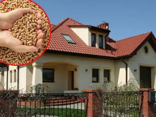 Domy z czerwonym dachem i ręce trzymające pellet. Odkryj najtańsze ogrzewanie domu z ekologicznego paliwa.