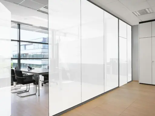 Oficina moderna con paredes de cristal que se oscurece, reflejando un edificio exterior y mobiliario de oficina.