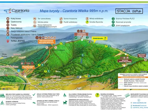 Mapa turystyczna Czantorii z zaznaczonymi szlakami, kolejką linową i atrakcjami.