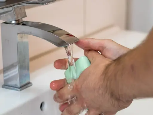 Mani che si lavano sotto un rubinetto cromato, con un getto d'acqua che indica una buona pressione dell'acqua dell'acquedotto.
