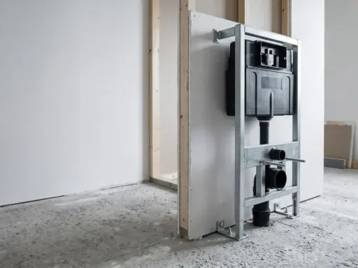 Estructura metálica para instalar un inodoro empotrado. Muestra el sistema de cisternas y tuberías, clave para saber como instalar un inodoro al suelo.