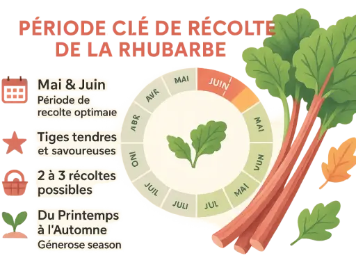 Pied de rhubarbe : récolte optimale en Mai-Juin. Tiges tendres et savoureuses, 2 à 3 récoltes possibles du printemps à l'automne.