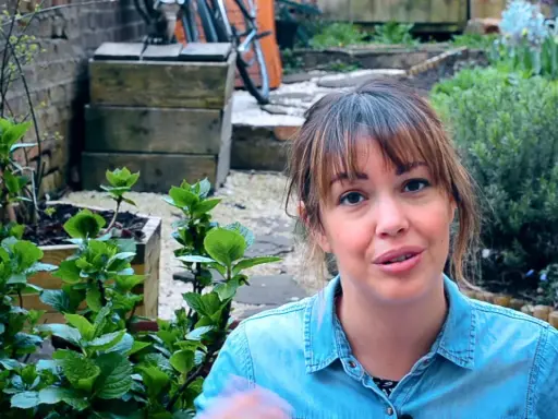 Mujer sonriente en un jardín con plantas verdes y macetas.