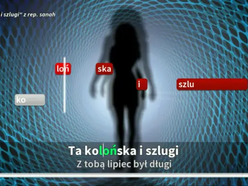 Ta kolońska i szlugi" z rep. sanah. Tekst piosenki wyświetlany na tle sylwetki kobiety w wirze.