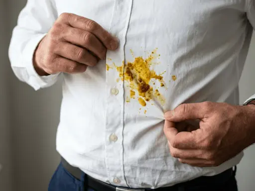 Mann zeigt gelbe Curryflecken auf weißem Hemd. Tipps zum Curryflecken entfernen gesucht.