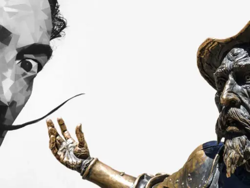 Volto stilizzato di un artista spagnolo famoso, Salvador Dalí, accanto a una statua di Don Chisciotte.
