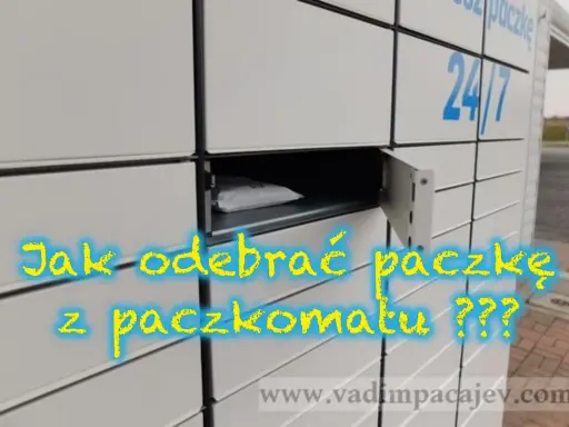 Paczkomat z otwartą skrytką, w której widać paczkę. Napis: "Jak odebrać paczkę z paczkomatu ???". Kupujący nie odebrał przesyłki z paczkomatu.