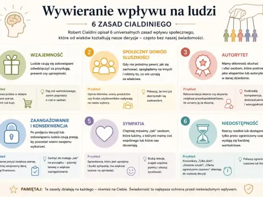 6 zasad Cialdiniego: wzajemność, dowód społeczny, autorytet, zaangażowanie, sympatia, niedostępność – klucz do wywierania wpływu na ludzi.
