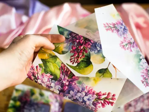 Ręcznie robione zaproszenia diy z motywem bzu. Delikatne akwarelowe kwiaty na papierze tworzą wyjątkową oprawę.