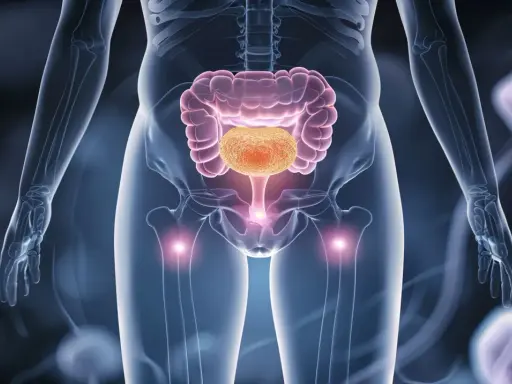 Anatomia człowieka z widocznym jelitem grubym i pęcherzem. Może to symbolizować ucisk na pęcherz.