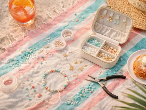 Letnie popołudnie na plaży, tworzenie ozdób z koralików. Kolorowe koraliki, biżuteria, napój i słodka przekąska.