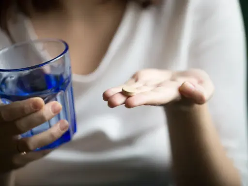 Une main tient un comprimé, peut-être un supplément de sels minéraux, à côté d'un verre d'eau bleue.