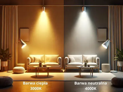 Porównanie barwy światła: ciepła 3000K po lewej, neutralna 4000K po prawej. Wnętrze z sofami i lampami.