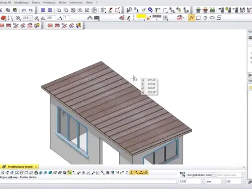 Projektowanie dachu jednospadowego w programie CAD. Widok 3D budynku z zaznaczonym dachem.