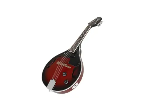 Une mandoline instrument de musique, avec son corps en bois rouge et noir, prête à jouer une mélodie entraînante.