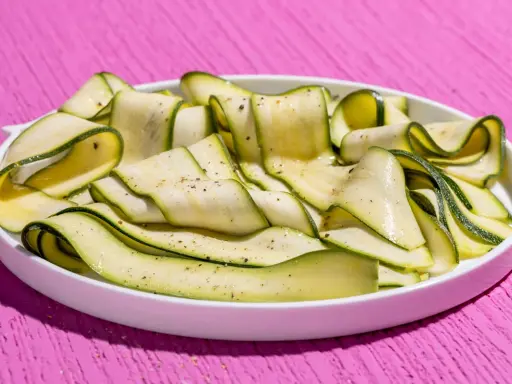 Fettine sottili di zucchine marinate crude, condite con pepe nero, su un piatto bianco, su un tavolo rosa acceso.