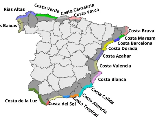 Mapa prezentuje regiony Hiszpanii, w tym wybrzeża takie jak Costa Brava, Costa Dorada i Costa de la Luz.