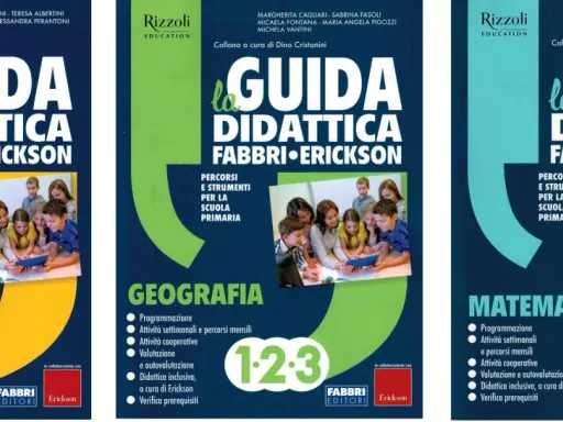Copertine di libri scolastici "La Guida Didattica Fabbri Erickson" per scuola primaria, con bambini e insegnanti che usano un tablet. Offrono percorsi e strumenti per laboratori creativi.