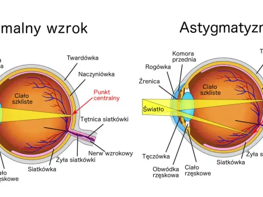 Porównanie budowy oka z normalnym wzrokiem i astygmatyzmem. Brak domowy sposób na astygmatyzm.