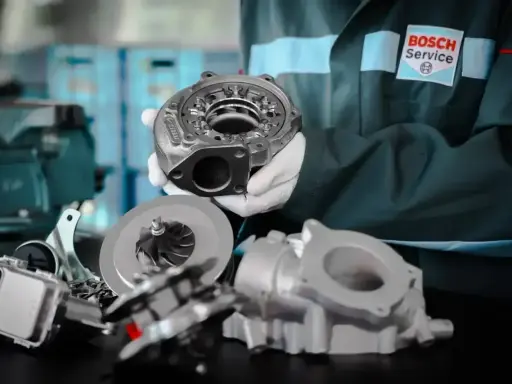 Mechanik w rękawiczkach prezentuje części turbosprężarki. Dowiedz się, ile kosztuje regeneracja turbiny w Bosch Service.